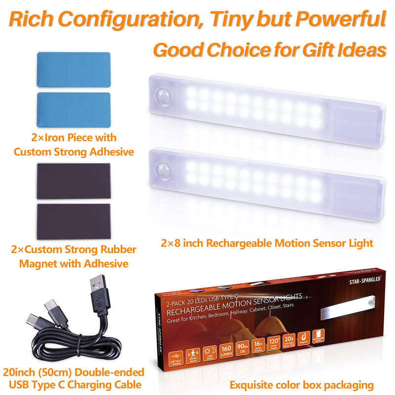 STAR-SPANGLED Under Cabinet Lighting Rechargeable, 8 inch Motion Sensor Lights Indoor Battery Operated, USB Stick on LED Magnetic Closet Light Wireless for Counter, Stairs, Kitchen, Cool White, 2 Pack