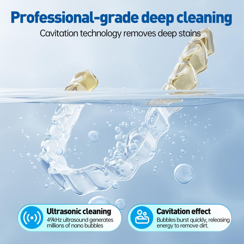 Ultrasonic Retainer Cleaner Machine, 49kHz Dental Cleaning with Digital Timer & 200ML, Ultrasonic Dentures Cleaner for Denture, Guards, Aligners, Night Guards, Braces & Jewelry with 5 Modes