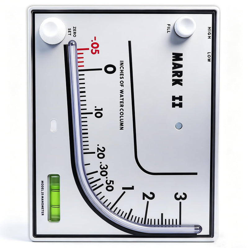 Mark II 25 Liquid Filled Manometer, 3" wc, 3% Accuracy for Pressure Testing | Ideal for furnace, duct, filter and gas pressure checks. Compatible with Dwyer