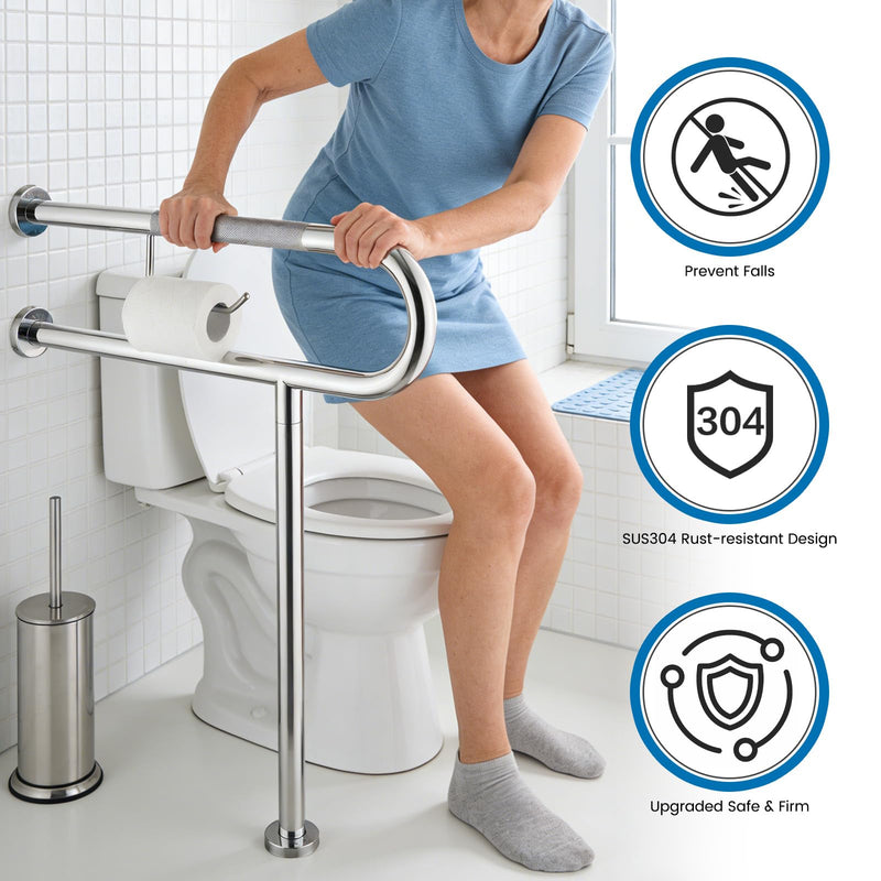 Toilet Grab Bar 24*27.5 Inch, Zynuhmo Anti-Slip U Shaped Support Rail with Paper Holder, SUS304 Stainless Steel Knurled Safety Handrails with Leg for Elderly Disabled Pregnant(1.25'' Dia Tube, Chrome)