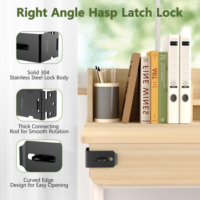 Door Hasp Latch, 90 Degree Padlock Hasp Lock, 304 Stainless Steel Security File Cabinet Lock for Padlock, Right Angle Hasp Latch Lock for Shed, Box, Cupboard, Mailbox, Drawer (Black-4pcs) Black-4pcs