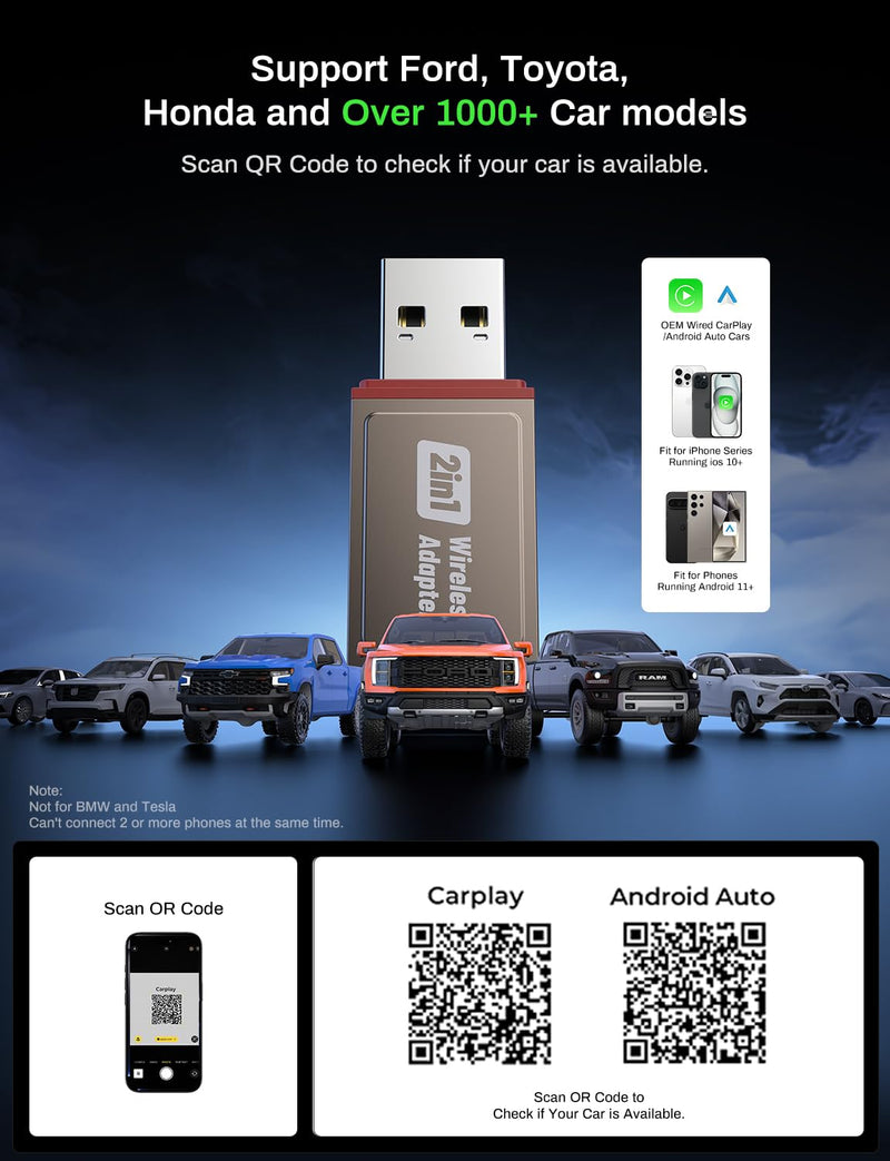 2026 Wireless CarPlay Adapter Support Apple CarPlay & Android Auto, 2-in-1 USB A & USB C Mini Bluetooth Dongle Convert Wired to Wireless Compatible with iPhone & Android Gunmetal