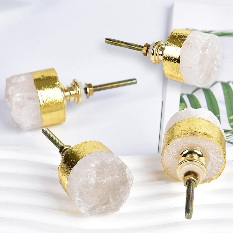 JIC Gem 4 Pack Clear Quartz Crystal Cabinet Knobs Gold Plated Drawer Pulls Home Office Decor Clear Quartz, 4pcs