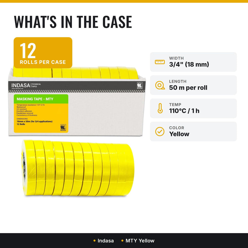INDASA MTE Yellow 3/4" x 50m Masking Tape, 12 CASE– High-Temp Resistant, No Residue, Clean Removal – Ideal for Automotive, Painting & Industrial