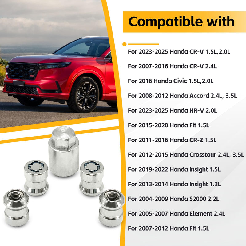Wheel Lock Lug Nut Set Fit for Honda CR-V 2007-2025 Civic 2016 Accord 2008-2012 Alloy Wheel Lock 4Pcs Replace# 08W42-SCV-101,08W42-SCV-102,08W42-SCV-100, PREO-CV3-066, PREO-HRV-045, PREO-INS-055