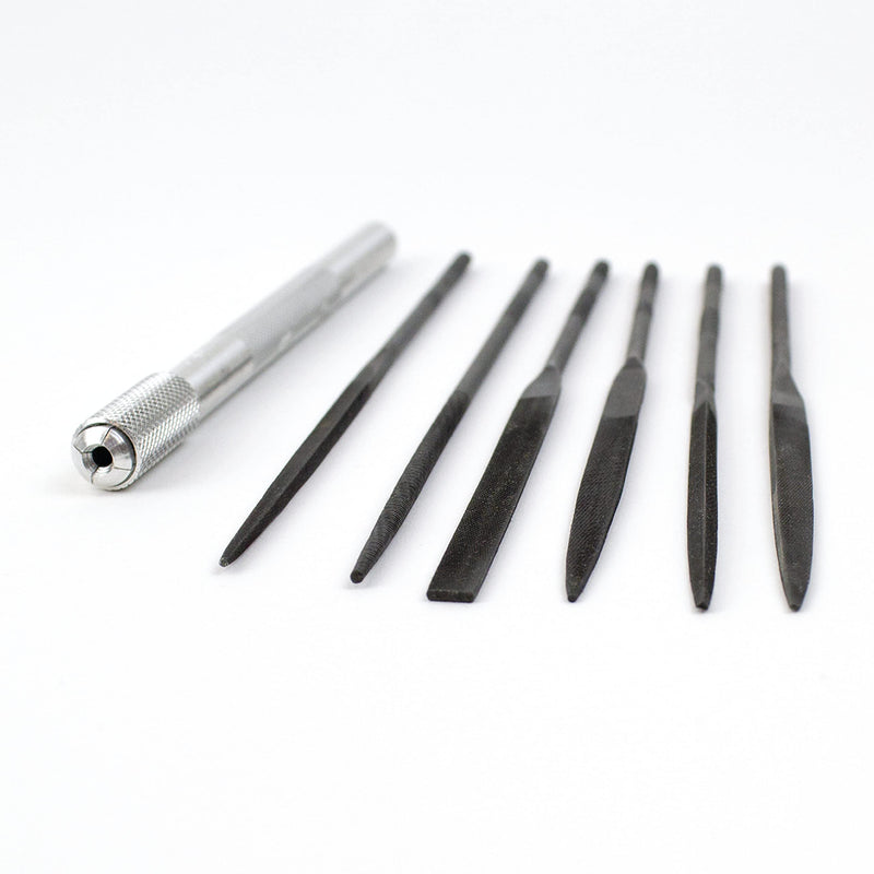 Excel Blades Hardened Alloy Strength Steel - Mini Needle File Set Includes Flat, Flat Warding, Square, Triangular, Round, and Half-Round File With American Made Aluminum Handle File Set w/ Handle
