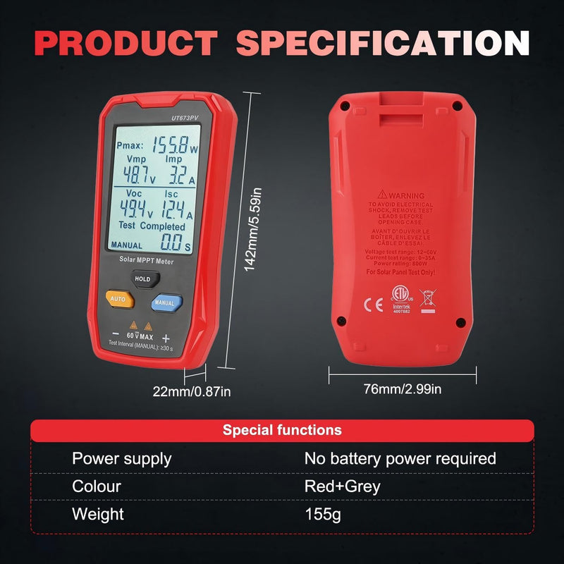 Angchun Solar Panel Tester Meter Photovoltaic Multimeter 800W, Solar MPPT Meter with Large Ultra Clear LCD, Smart MPPT Open Circuit Voltage Troubleshooting Utility Tool for PV Testing