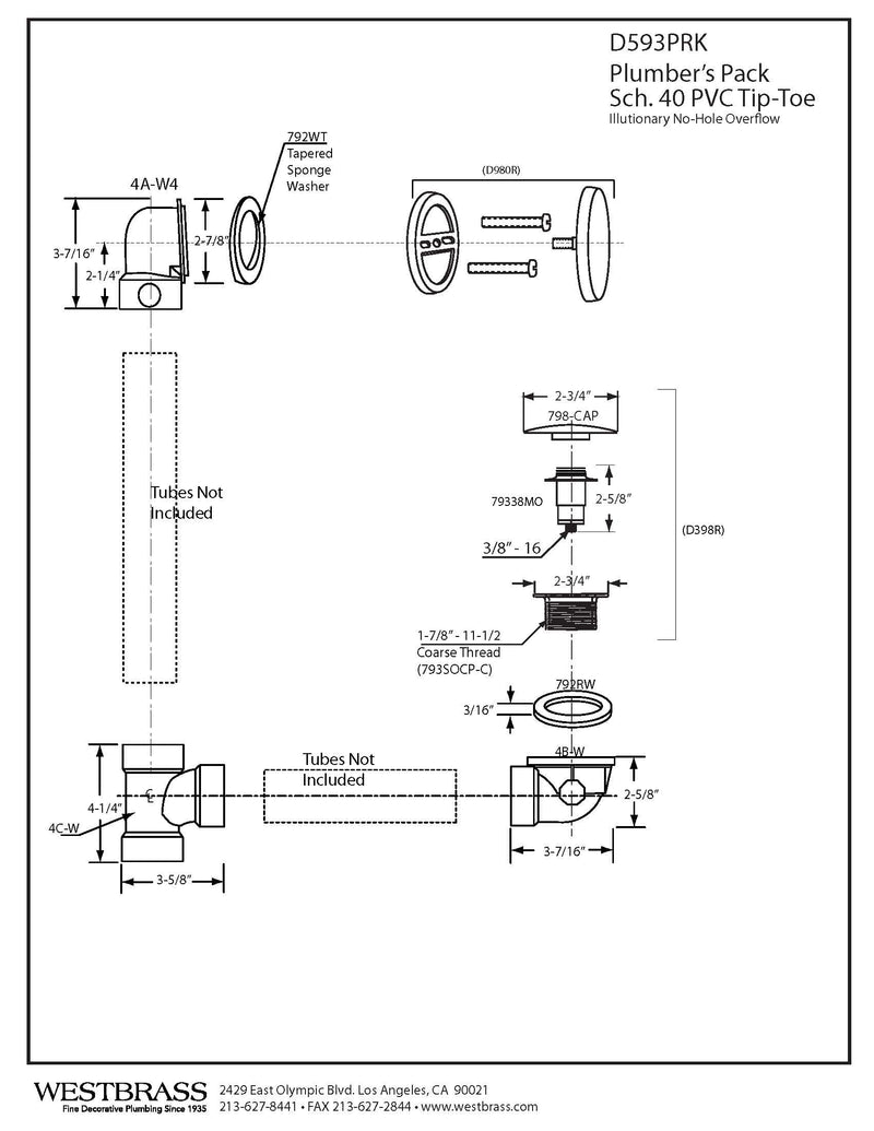 Westbrass D593PRK-18 Plumber's Pack Bath Waste Assembly with Tip-Toe Drain Plug, Illusionary Overflow Faceplate and Sch. 40 PVC Elbows, Brushed Bronze