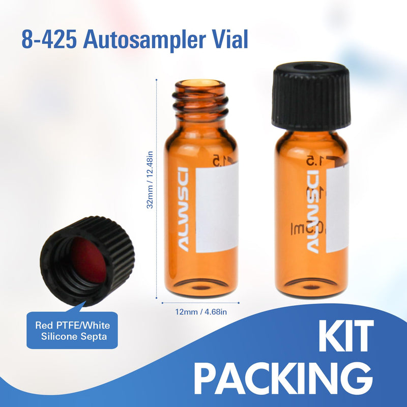 ALWSCI 2ml 8mm HPLC Vial，Amber Autosampler Vial, Borosilicate Sample Vial with Graduation, 8-425 Type Screw Threaded Vial, Black Screw Cap with Hole, Red PTFE&White Silicone Septa, 100 of Pack Amber