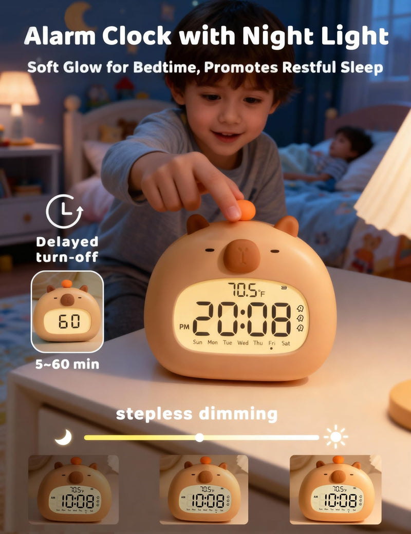 Capybara Kids Alarm Clock with Night Light, Digital Alarm Clock for Bedrooms, USB Rechargeable, 3 Alarms, Snooze, Cute Kawaii Clock for Desk & Back to School Gifts for Boys Girls Capybara