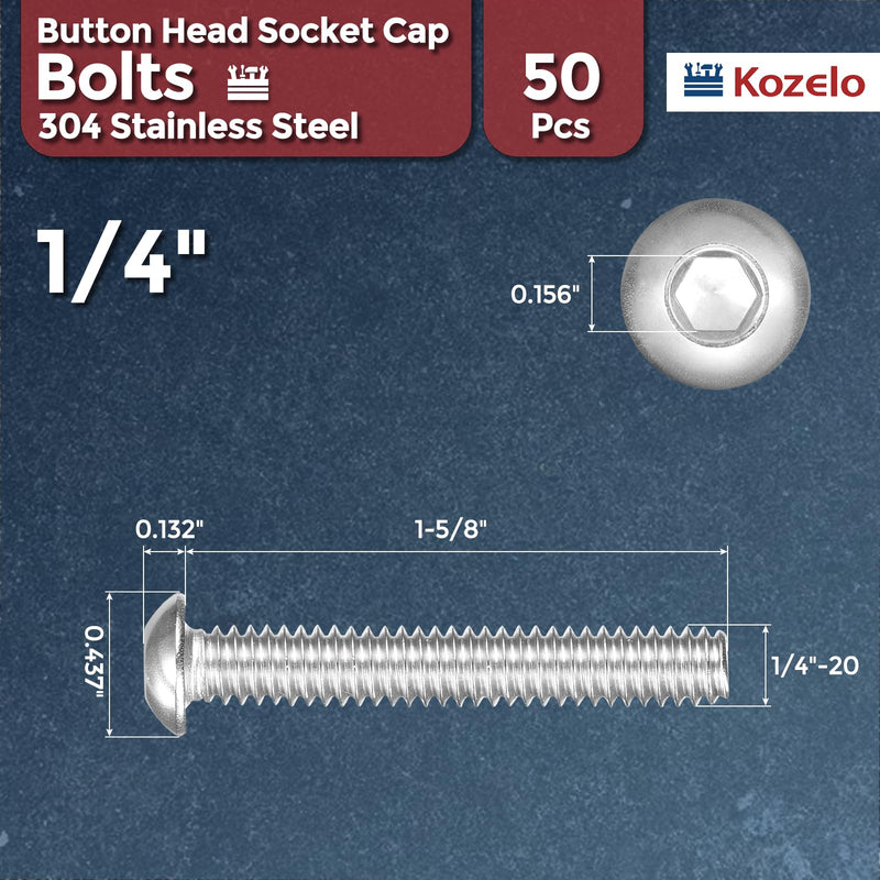 50pcs Button Head Socket Cap Screws - [1/4"-20x1-5/8] 18-8 Stainless Steel - Industrial Grade Corrosion Resistant for Kitchen, Bathroom, Furniture & DIY Projects 1/4"-20x1-5/8" 50