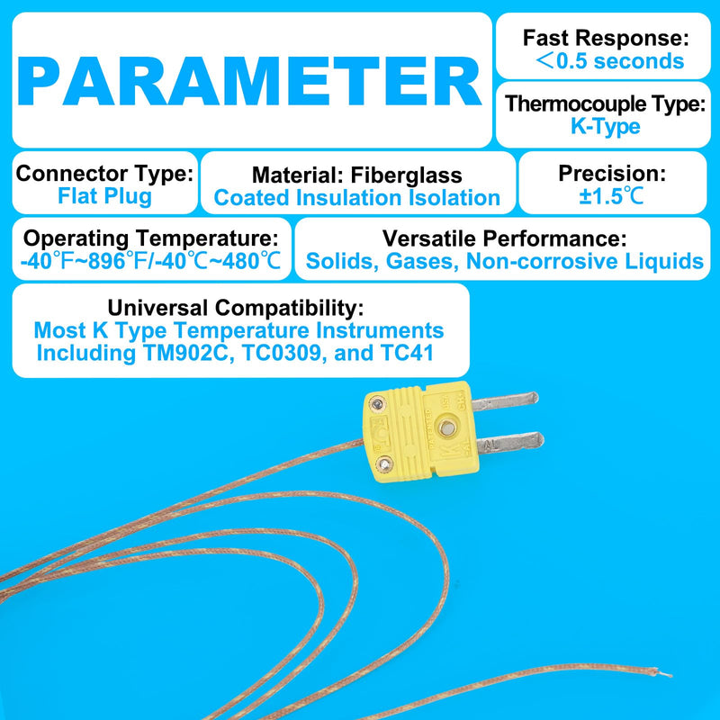DROK High Accuracy K Type Thermocouple Probe - 3 Pack Type K Temperature Probes & Sensors for Thermocouple Thermometer, 1 Meter Long Measure Range -40°C~480°C (-40°F~896°F) 1m