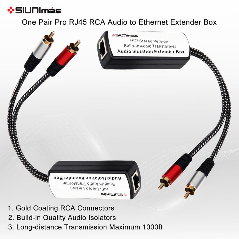 One Pair Pro Network RJ45 RCA Stereo Audio Extender Box Signal Converters Build-in Audio Isolators Connecting Over Cat5 / Cat6 etc with Quality Nylon Braided RCA Cords SIM-RJ45-RCA TO RCA (M-M)