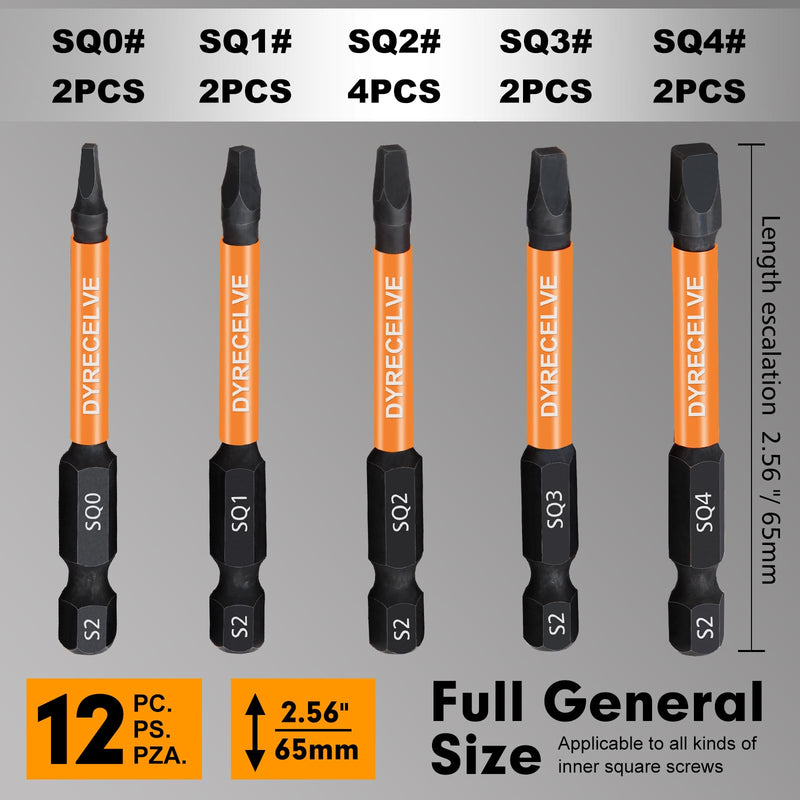 12-Pack Square Drive Bits- PREMIUM S2 Alloy Steel Square Bit Set Magnetic Heads- Robertson Square Drill Bit Set (Long 2.55"& Hex Shank) Square Head Screwdriver Sizes #0, 1, 2, 3, and #4 Black