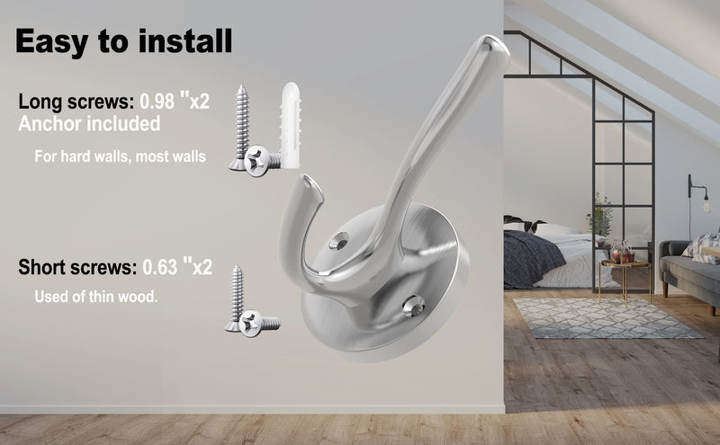 Brushed Nickel Wall Hooks Towel Hooks, 2 Pack Coat Robe Hook Heavy Duty Bathroom Double Hook Wall Mounted, Hand Towel Hooks for Closet Entryway Cubicle Kitchen Silver