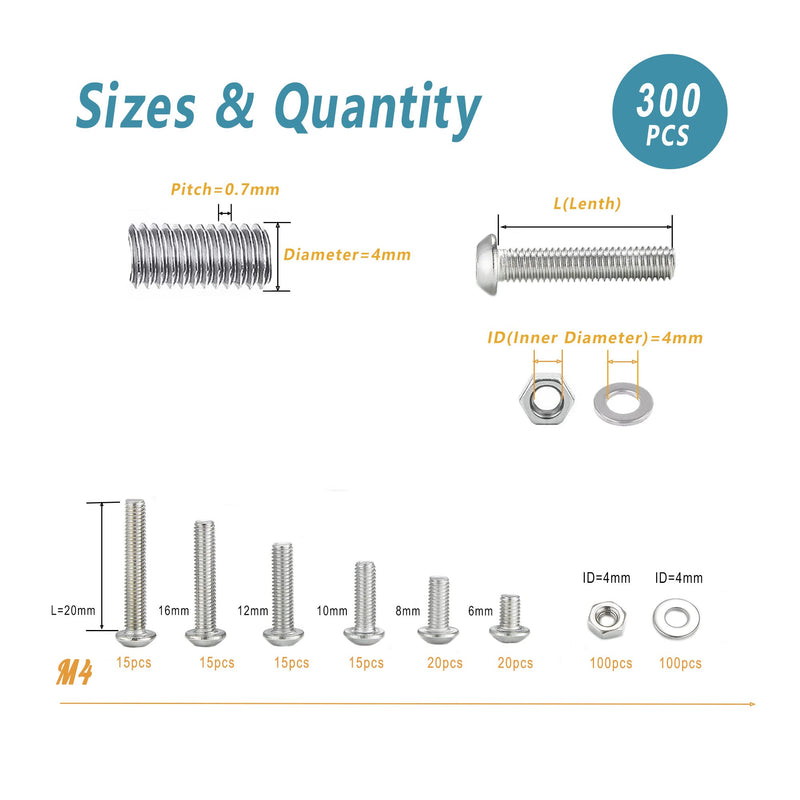 Kadrick 300 Pcs M4 Screw Assortment Button Head Socket Cap,M4x6mm,8mm,10mm,12mm,16mm,20mm Stainless Metric Bolts Nuts Washers Kit with 1 Hex Allen Wrenche 300Pcs M4 6mm-20mm