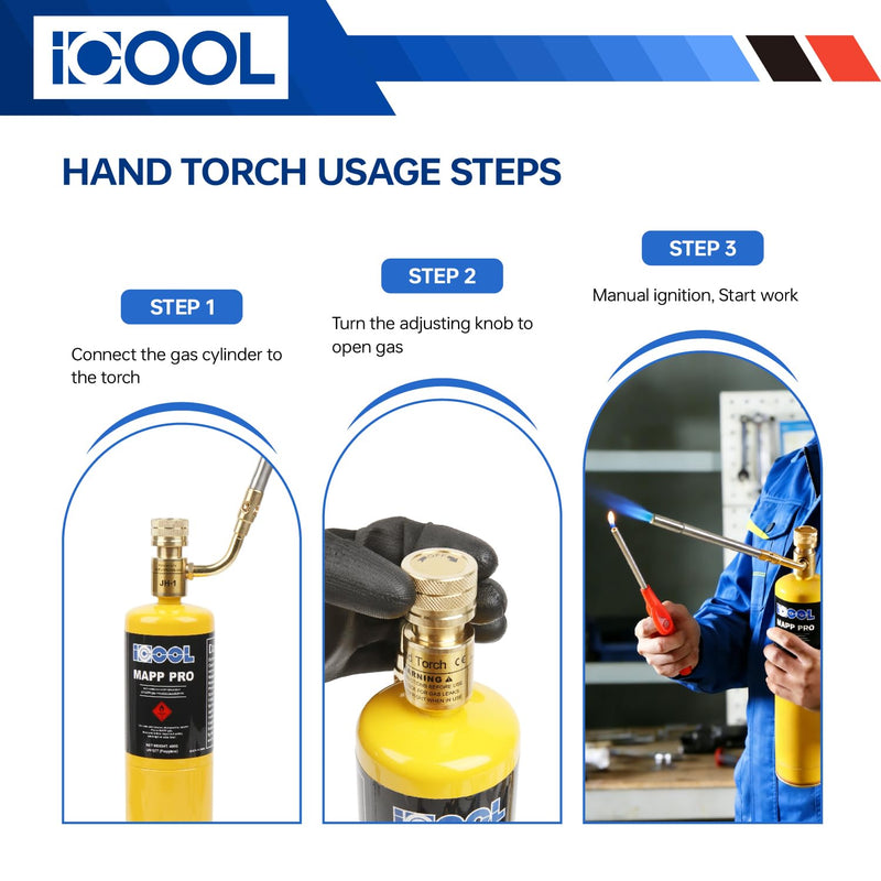 ICOOL Single Flame Hand Torch, Maximum Temperature 3600℉, Propane MAPP Gas Torch for Welding Brazing Plumbing HVAC