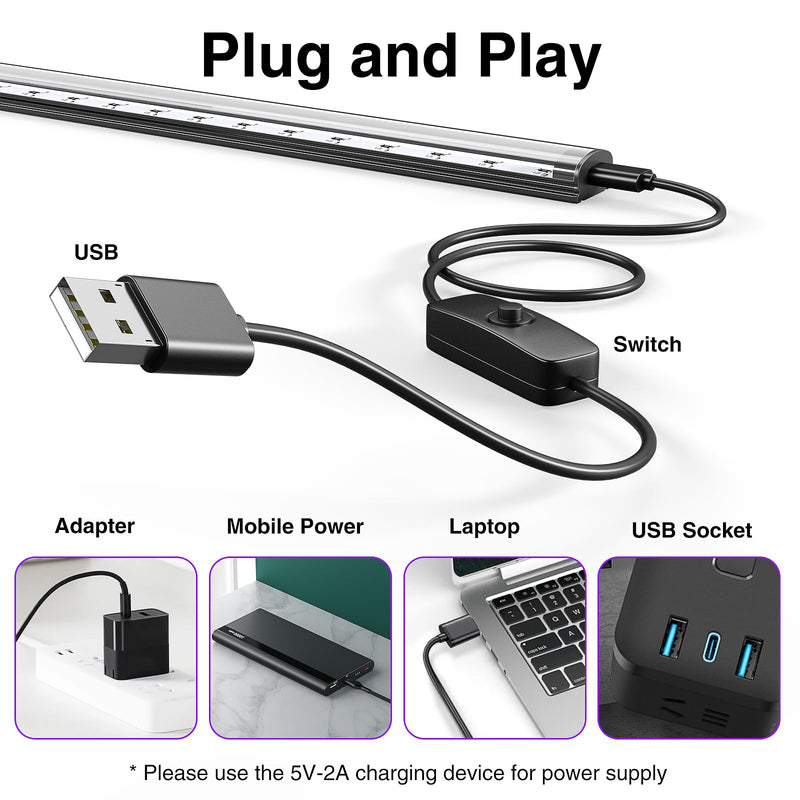 Onforu 2 Pack 10W LED Black Light Bar, 1ft, USB Blacklight Tube, Blacklight Bars with Switch, Black Light for Fluorescent Tapestry Poster, Cabinet, Glow Party, Halloween, Body Paint
