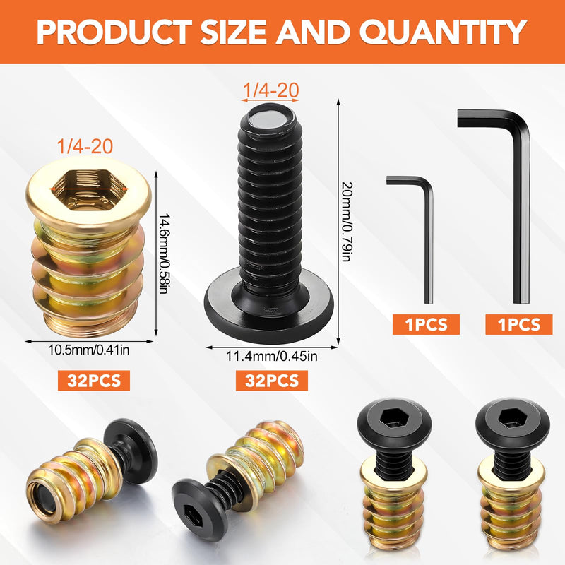 32 Sets 1/4-20 x 25/32" Threaded Inserts for Wood Furniture Screw Wood Inserts and Bolts Threaded Wood Inserts Hex Socket Drive 1/4-20 x 19/32" Screw-in Nuts