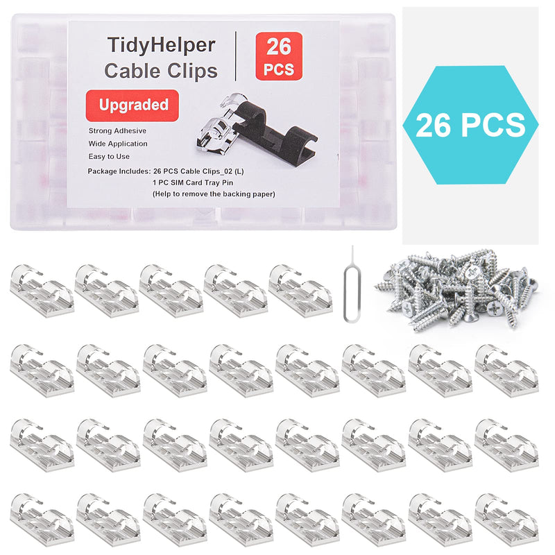 Cable Clips Clear (Large, 26PCS), Heavy Duty Extension Cord Clips Wall, Adhesive Wire Holders Clips Electric Wires Cord Organizer, Powre Cable, PC, Ethernet, TV-Coax, LED Light Clips L