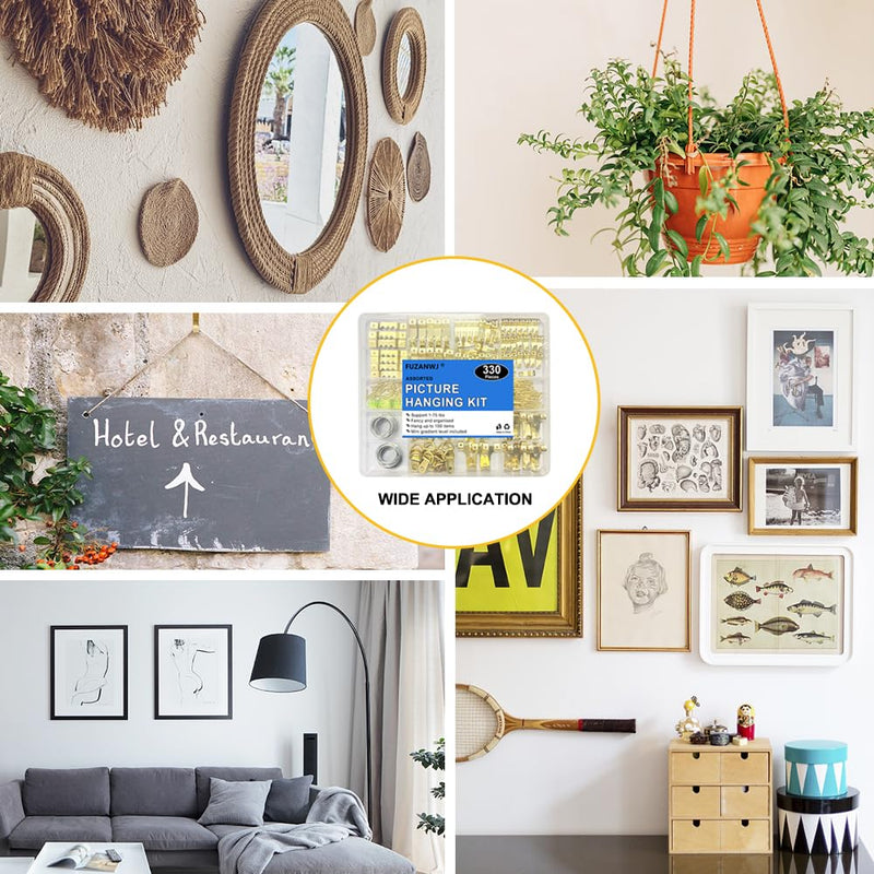 330pcs Picture Hangers Kit - Holds 10-75lbs, With Hanging Wire, Ring Hooks, D Rings, Sawtooth Hangers for Frame, Canvas, Mirror Decoration Gold