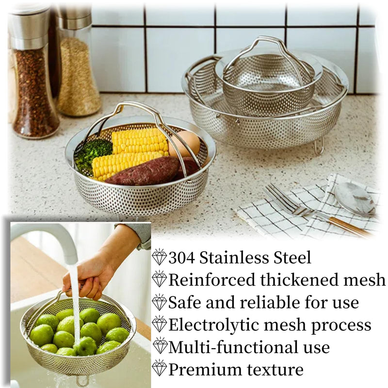 8.7 Inch Stainless Steel Steamer Basket for Pot - Heavy Duty Mesh Food Steamer Insert with Handle & Stable Feet - Multipurpose Rice Washer, Colander & Fruit Strainer - Fits 6 & 8 Qt Pressure Cookers