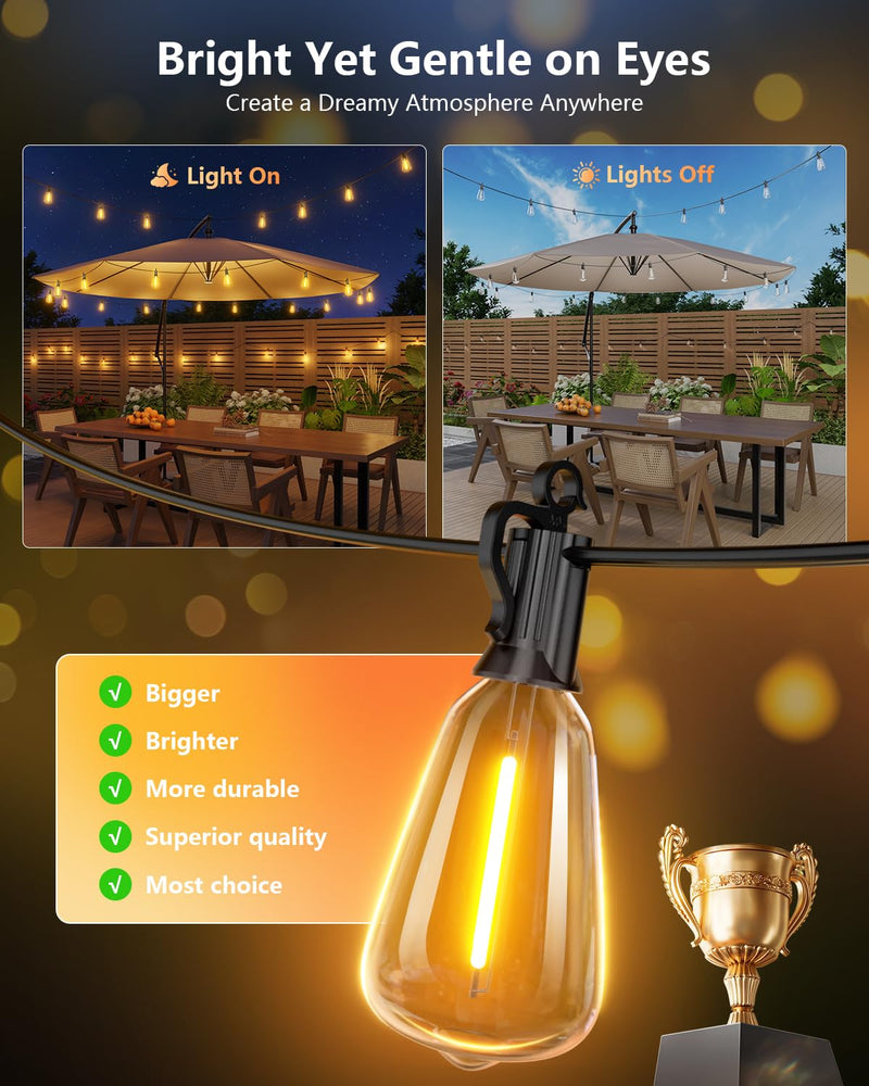 Brightown 100FT Solar String Lights Outdoor Waterproof with Remote, 31+1 LED Shatterproof Bulbs, Dimmable & Timable, 3 Light Modes - Commercial Grade Patio Lights for Garden Backyard Party Decor