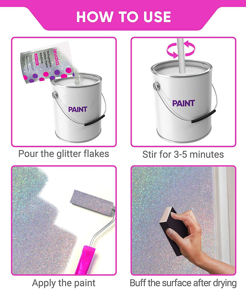 Glitter for Paint [5.3oz] – Holographic Silver with 2 x Buffing Pads – Glitter for Painting Walls for Luminous Paint Finish on Interior or Exterior Walls, Ceilings, and Wood - Glitter Paint Additive 150.0 Grams