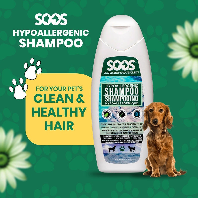 Soos Pet Dog Shampoo for Cats and Pets Hypoaller-genic Natural Dead Sea Minerals Fast Absorbing with Vitamins Essential Oils Natural Elements Antiba-cterial - 1x Pet Shampoo (500ml) - PawsPlanet Australia