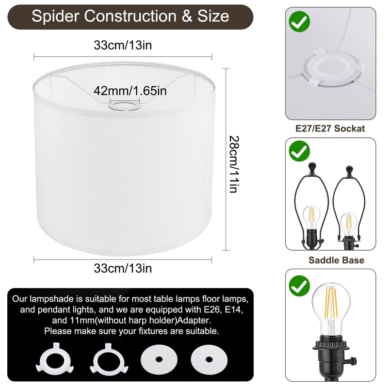 White Lamp Shade, Large Drum Lampshade 13" Top x 13" Bottom x 11" High (Spider), Replacement Lamp Shade Natural Linen Hand Crafted for Table Lamps Floor Lamps Chandelier Lamp, Easy Assembly Required - NewNest Australia