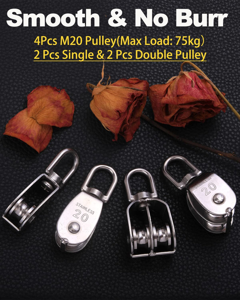Rocaris 4 Pack M20 Pulley Block, 2 Pcs Single Pulley & 2 Pcs Double Pulley 304 Stainless Steel Wire Rope Lifting Swivel Hook 2 Pack Single & 2 Pack Double