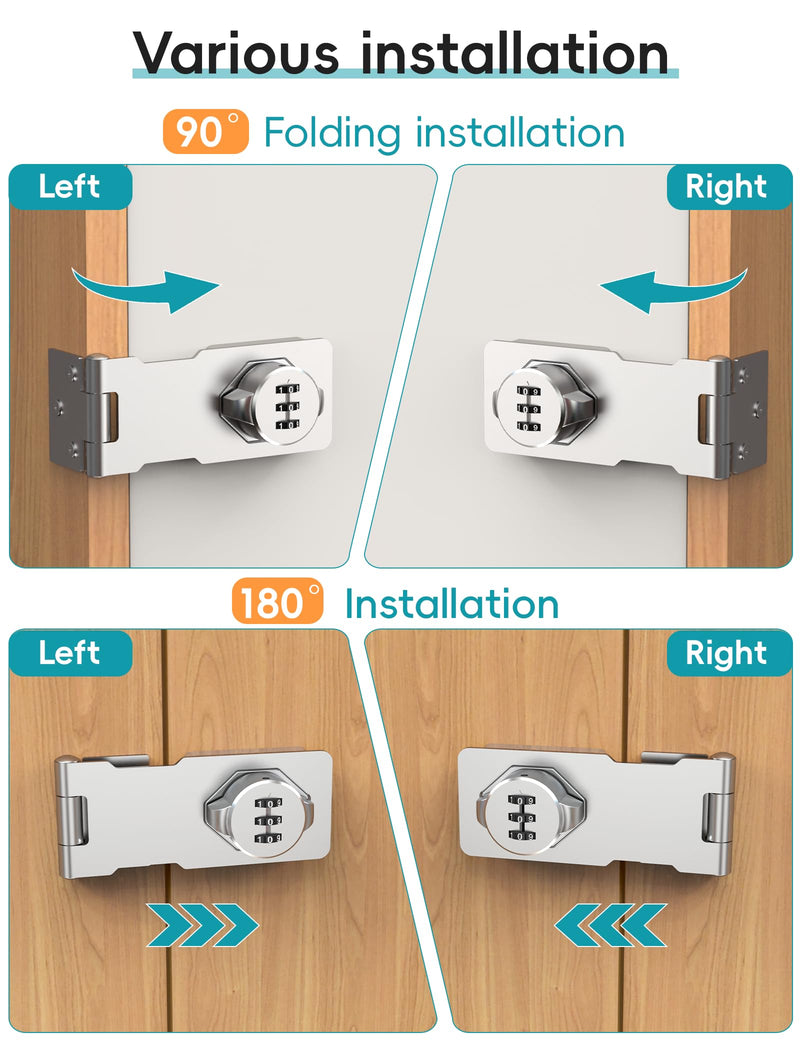 Combination Cabinet Door Lock, Gate Latch Lock with Code, Keyless Security Lock for Gate, Door, Cabinet, Bathroom, Outdoor, Garage, Fence,(Sliver, 2 Pack) Silver