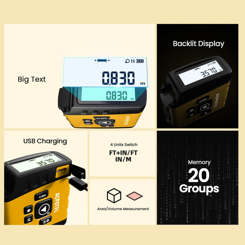 Digital Tape Measure 2-in-1, 16FT Digital Tape Measure with Display, Regular Tape Measure, Area Volume Measuring Pythagorean Mode, Waterproof and Rechargeab, 20 Groups Historical Memory (Yellow) Yellow