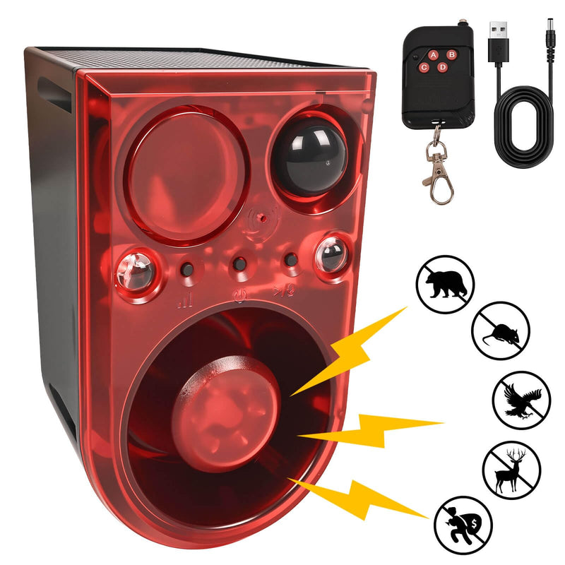 Solar Motion Sensor Alarm Outdoor - Support Recording&±Volume, Ultrasonic and Barking Dog&Gunshot Sound Sound, 129db*2 Loud Speakers, Motion Detector Alarm Strobe Light with USB and Remote Controller