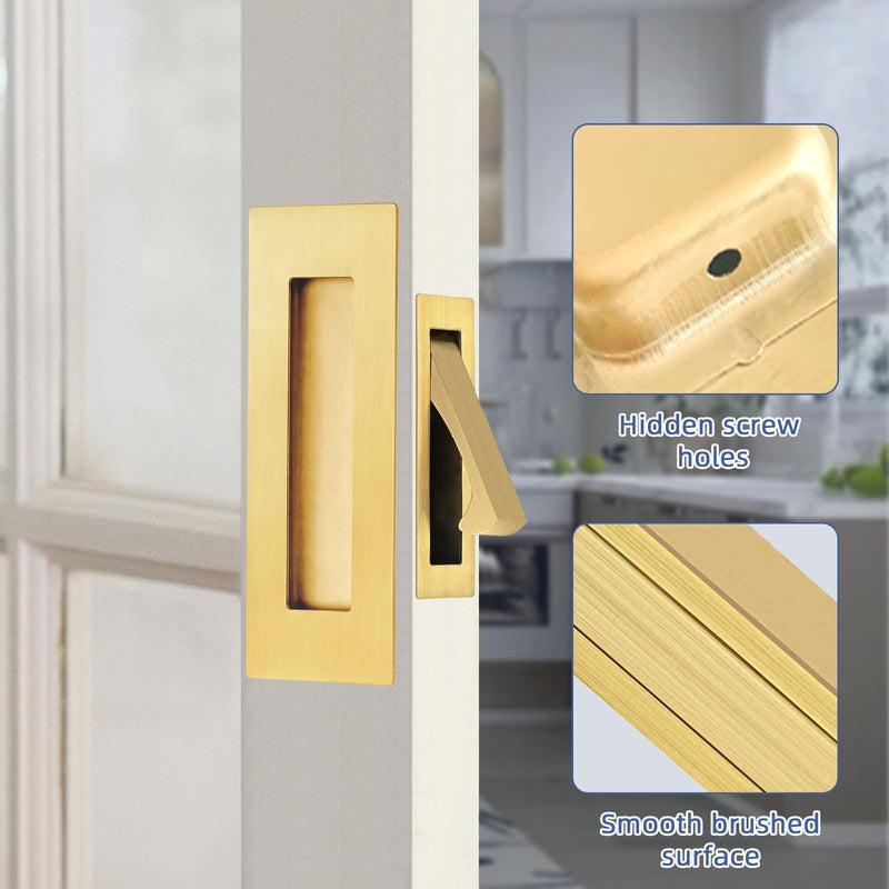 Pocket Door Hardware and Edge Pull,Stainless Steel Pocket Door Handles Latch,Recessed Finger Flush Pulls,for Closet,Sliding,Barn Door (Brushed Gold, 6Inch) Brushed Gold