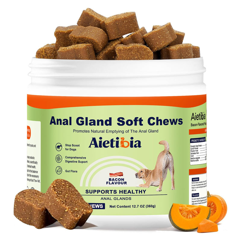 180 Chew Anal Gland Soft Chews for Dogs-Help Reduce Scooting with Pumpkin&Digestive Enzymes Probiotics Fiber Supplement-Bacon Flavor