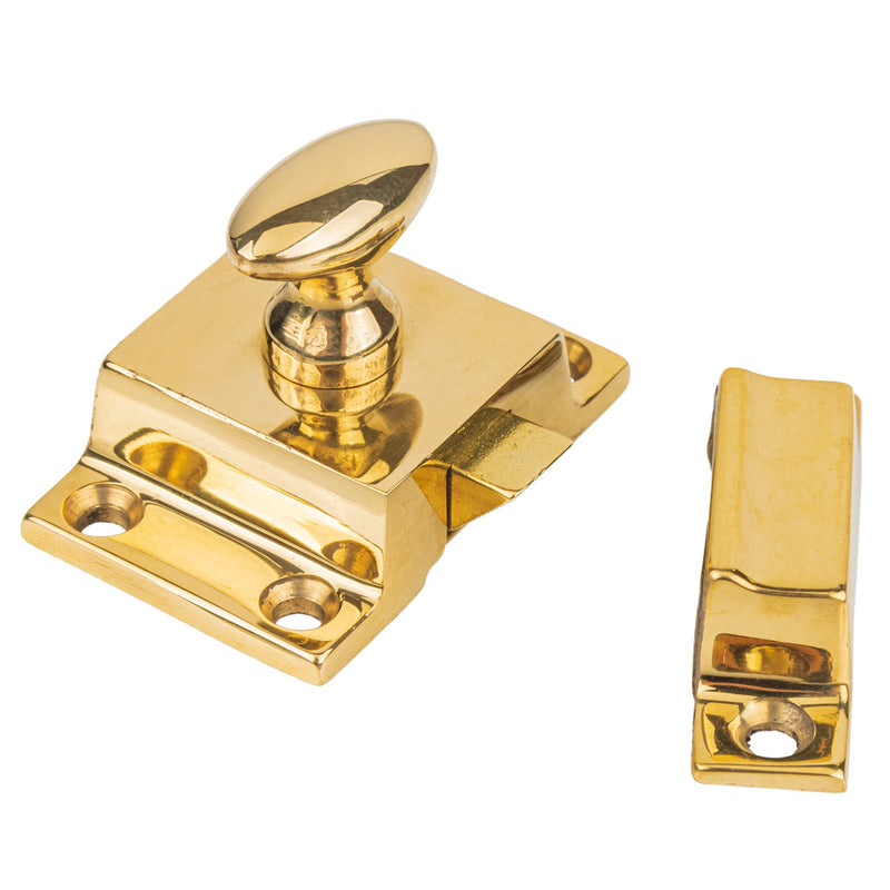 Small Heavy Duty Solid Brass Cabinet Door Latch - 1-3/4" × 1-3/4" - Spring Loaded Cupboard Door Latch with Oval Turn - Vintage Cabinet Hardware | UA-101-LPB