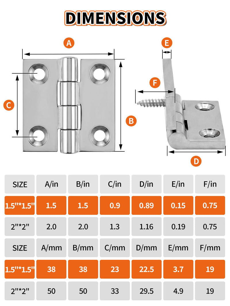 OULEME 1.5" x 1.5" 2" x 2" Boat Hinge, 316 Stainless Steel Marine Grade Hatch Hinge with Mounting Screws, Heavy Duty Door Hinge for Yacht, RV, Deck and Home Use, 2-Pack/4-pack 1.5" x 1.5" - 4 Pack