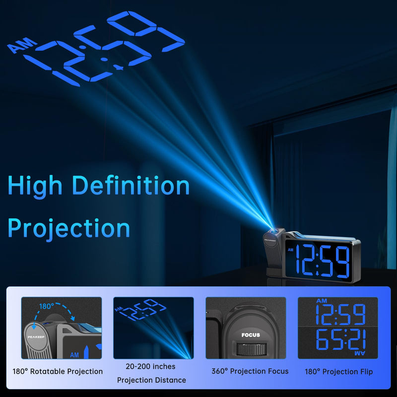 Peakeep Projection Alarm Clock for Bedroom Ceiling 180° Rotatable, Loud for Heavy Sleepers, Colorful Nightlight, 5 Brightness Dimmable Large Number Bedside Electric LED Digital Clock with USB Port Blue Digits; Blue Projection