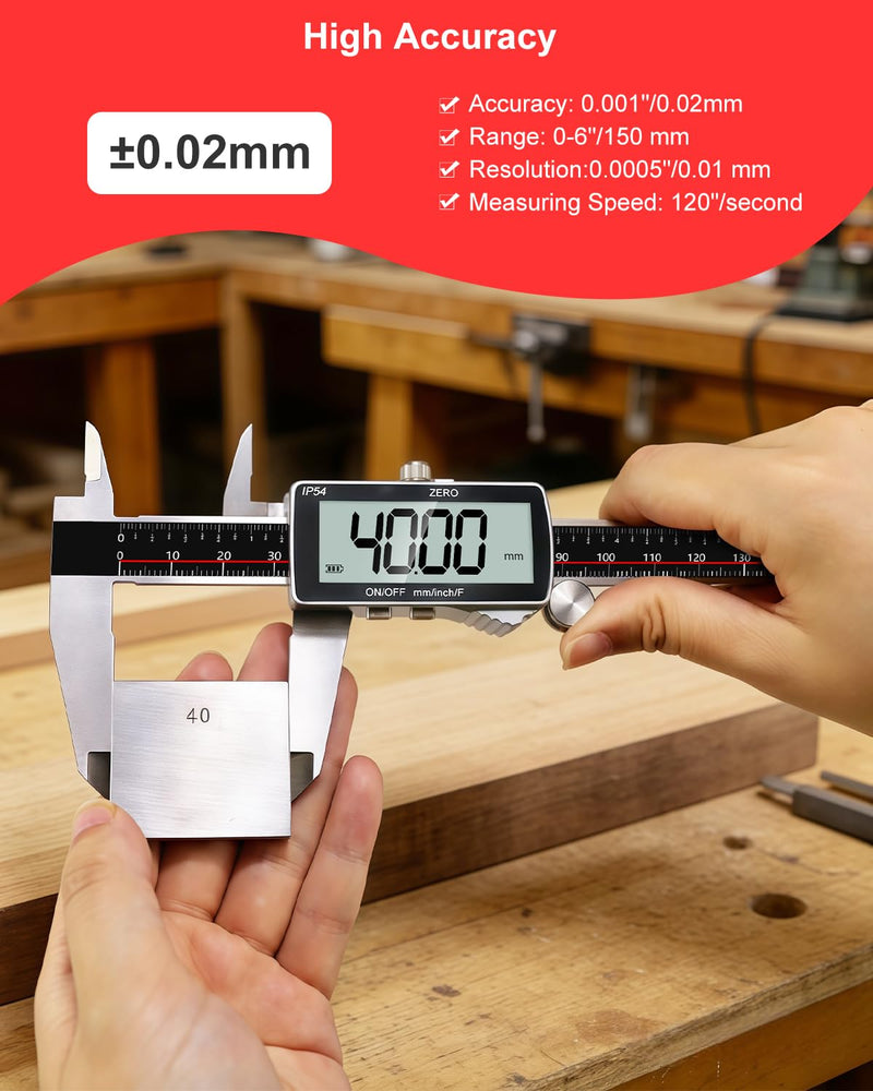 GODESON 8" Digital Caliper, 0.001" Precision Rechargeable Vernier Caliper - USB-C, IP54 Protection，Full Stainless Steel, Inch/MM/Fraction, Large LCD Measuring Tool for Machining, DIY & 3D Printing