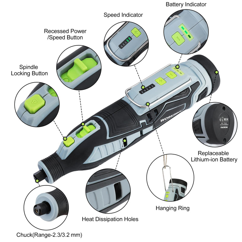 WORKPRO 12V Cordless Rotary Tool Kit, 5 Variable Speeds, Powerful Engraver, Sander, Polisher, 114 Easy Change Accessories, Craft Tool for Handmade and DIY Grey