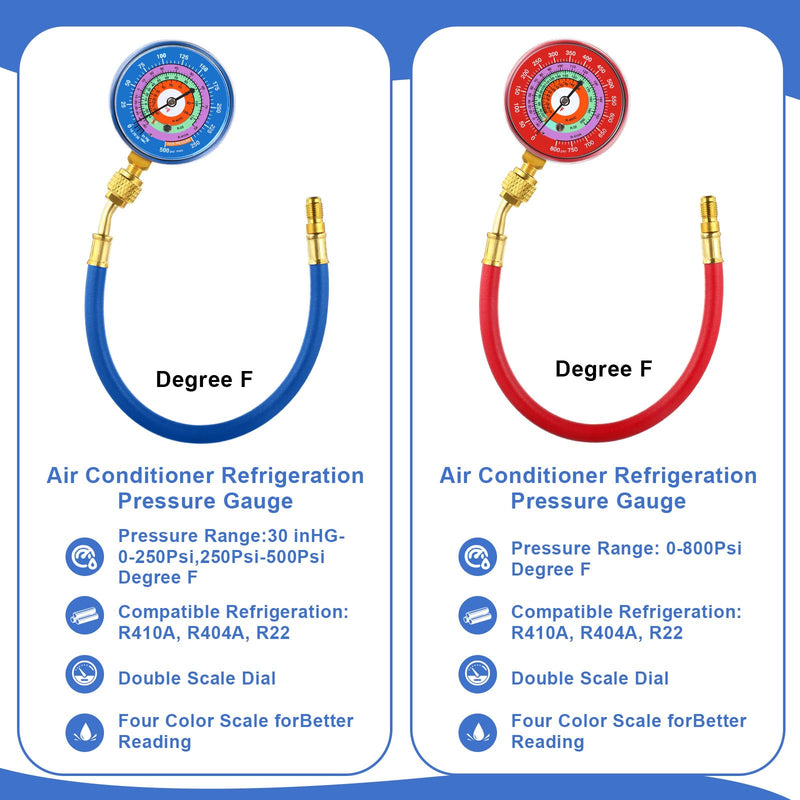 Relaxweex Refrigeration Pressure Gauge with 12'' Hose Kit R22/r404/r-410a 0-800psi 1/8" Npt Lower Mount 30inhg-0-250psi, 250-500psi & 0-800psi Degree F 40345 Blue & 40344 Red Dial (80mm(3-1/8" Dial))