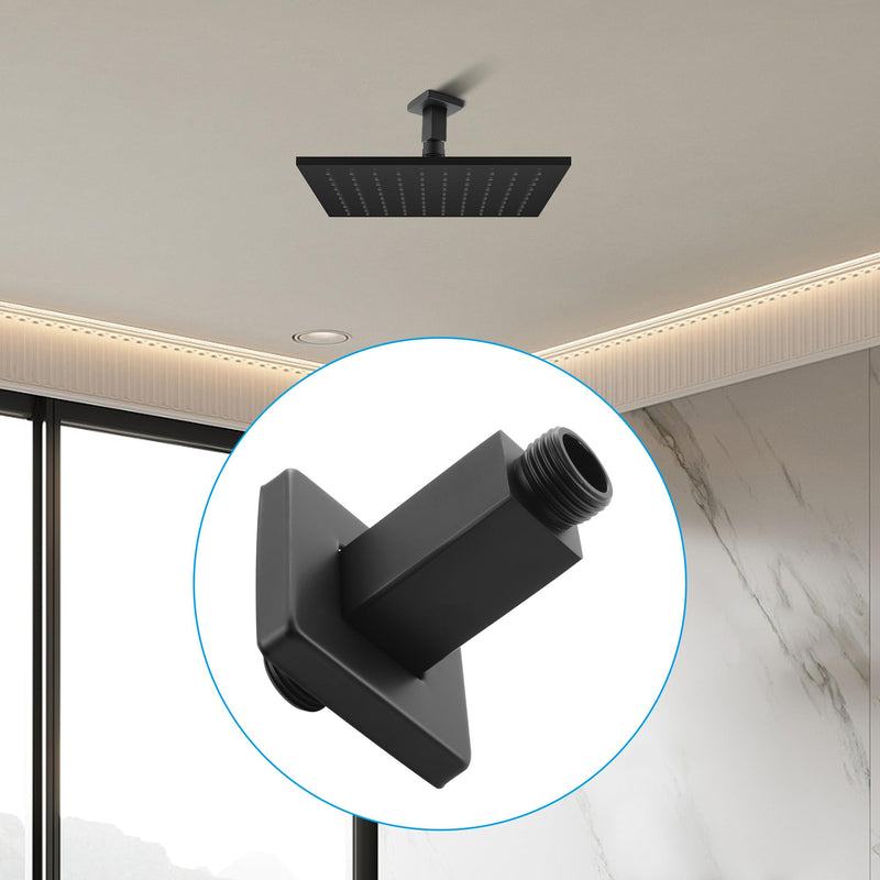 Straight Shower Arm with Flange Ceiling Mount Square Shower Extender for Fixed Shower Head 3 Inch Rainfall Shower Head Arm Extension, Matte Black Square Black
