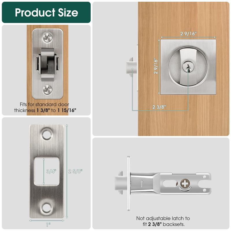 Square Pocket Door Lock, Satin Nickel Pocket Door Hardware, Sliding Pocket Door Lock with Key, Flush Pocket Door Latch for Bed/Bath Square Entrance