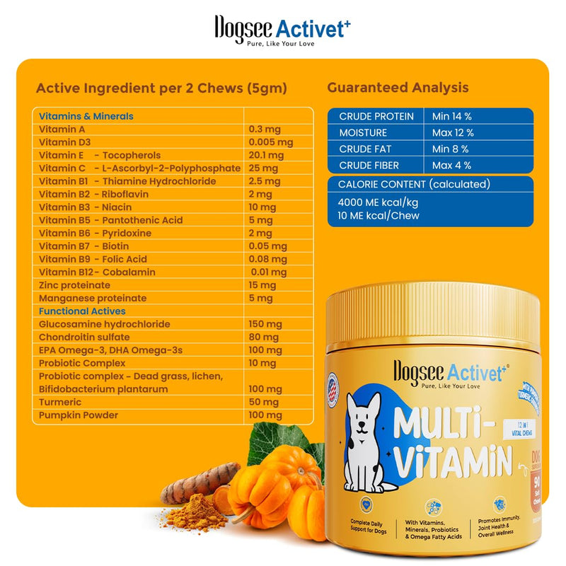 Dogsee Activet+ Dog 12 in 1 Multivitamin Supplement Chews, with Vitamins, Minerals, Probiotics, Omega 3 & Glucosamine for Overall Dog Health, Chicken Flavor – 90 Chews Multivitamin- Chicken