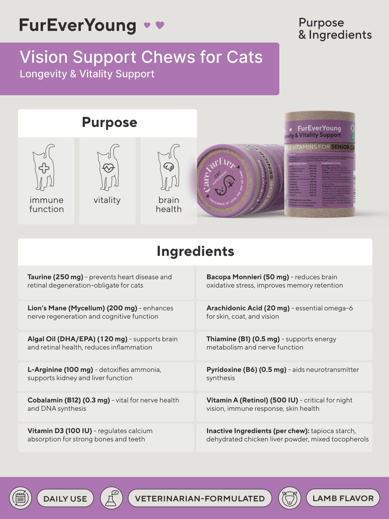 Supplement Treats for Senior Cats: Vision & Brain Function, Longevity & Overall Vitality, Immune Health for Aging Cats. Enriched with Breakthrough Active Ingredients (30 Days Supply)