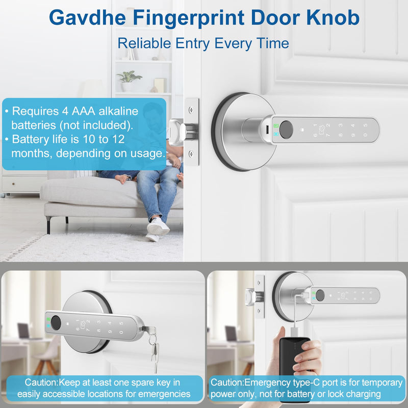 Fingerprint Door Lock Smart Fingerprint Door Knob with Keyless Entry Biometric Door Lock with Keypad App Control Easy Installation for Home Bedroom Office(Silver) Silver