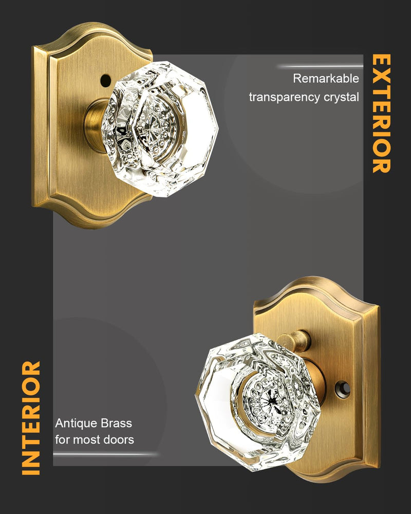Gobrico Transparent Glass Door Knobset Interior,Privacy Diamond Crystal Door Lockset in Antique Brass,Keyless for Interior Bath/Bed,Push Pin Button Inside Lock?1 Pack 1