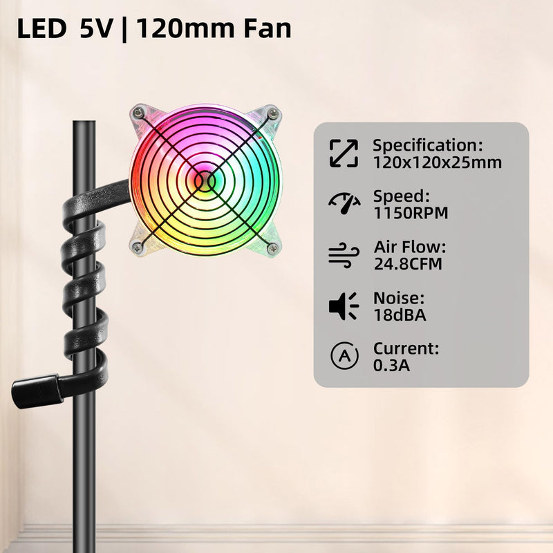 4.72in 120mm USB Cooling Fan with Gooseneck Mount and LED Light Quiet Fan Multicolored