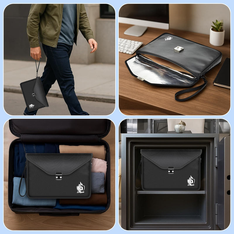 Fireproof Document Bag with Lock, 6400℉ Large Fire proof Money Bag (16.5"x12.2") for Cash Organizer Safe, 12-Layers Waterproof Zipper Holder Protects Passport, Important Documents, Valuables